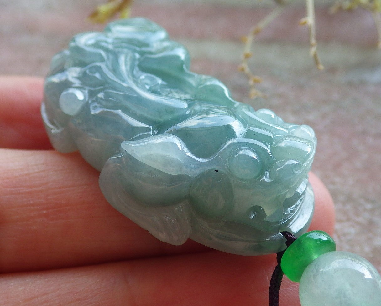 Certified Icy Green Burma 100% Natural A Jade jadeite Pendant Dragon Pi Xiu Ruyi Coin Necklace 风水貔貅 650920 TN