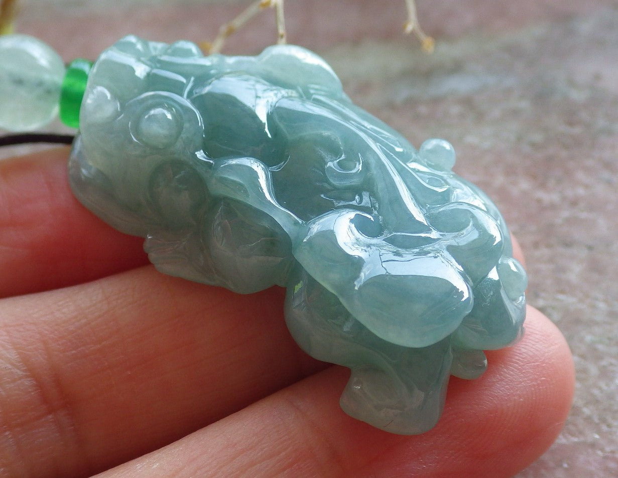 Certified Icy Green Burma 100% Natural A Jade jadeite Pendant Dragon Pi Xiu Ruyi Coin Necklace 风水貔貅 650920 TN