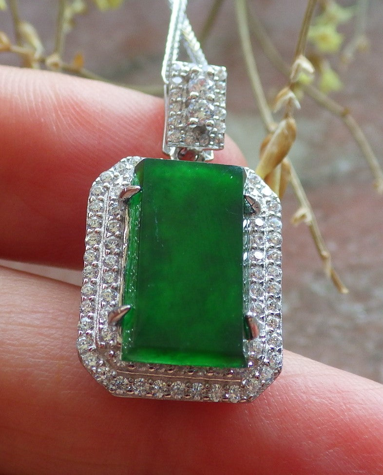 Icy Green Silver 925 Certified BURMA 100% Natural A JADE Jadeite pendant Rectangle Necklace 650936 TN
