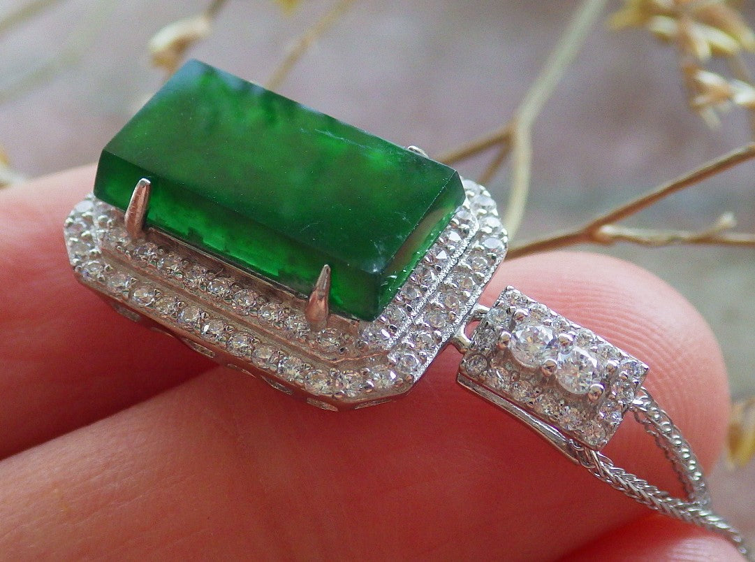 Icy Green Silver 925 Certified BURMA 100% Natural A JADE Jadeite pendant Rectangle Necklace 650936 TN