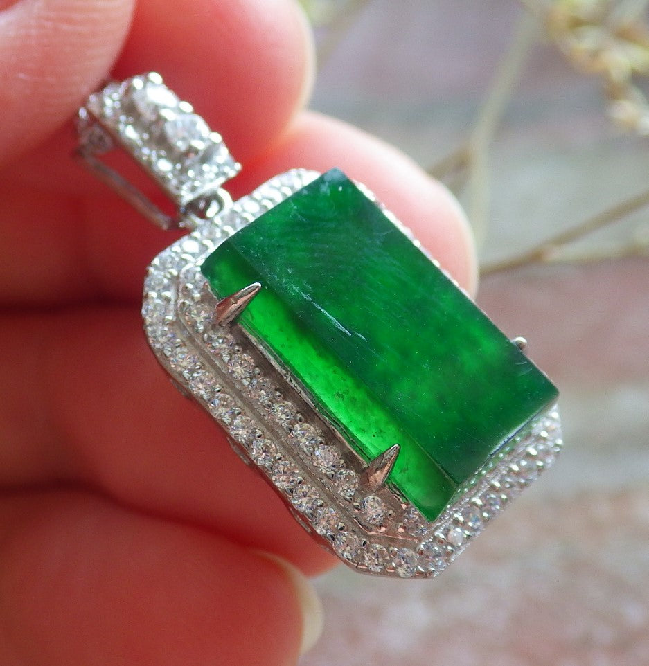 Icy Green Silver 925 Certified BURMA 100% Natural A JADE Jadeite pendant Rectangle Necklace 650936 TN