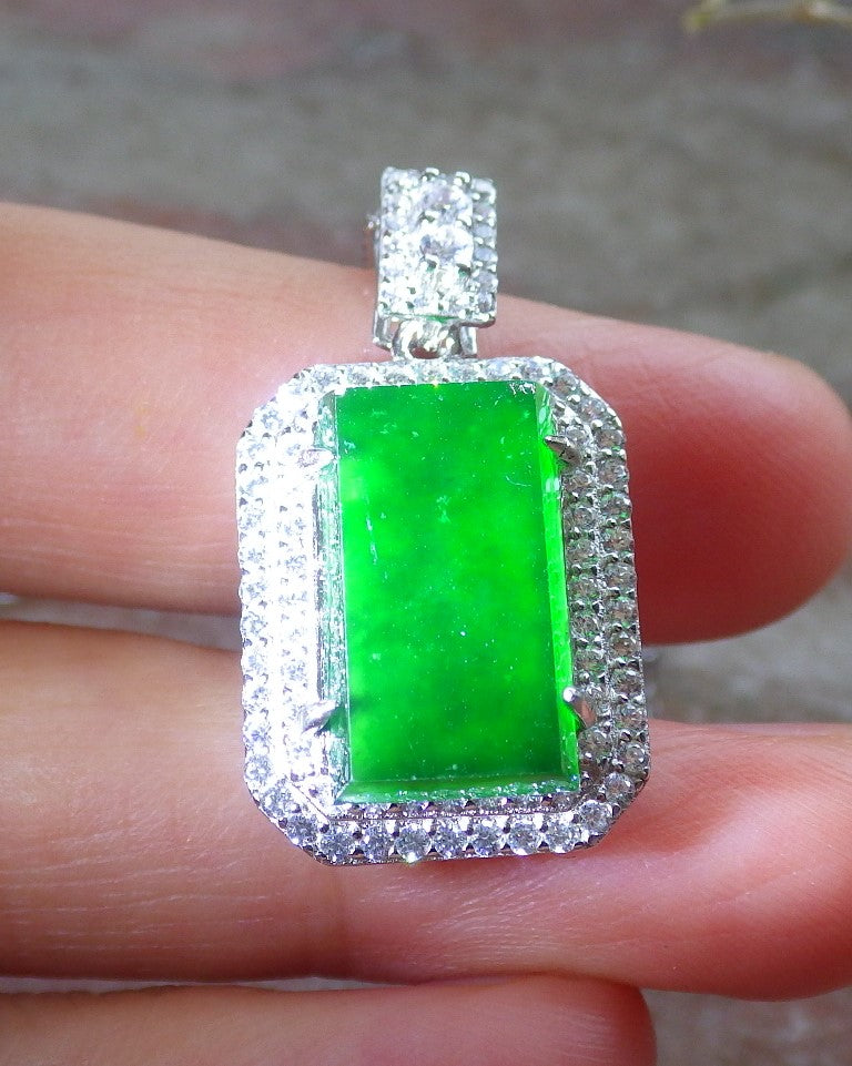 Icy Green Silver 925 Certified BURMA 100% Natural A JADE Jadeite pendant Rectangle Necklace 650936 TN