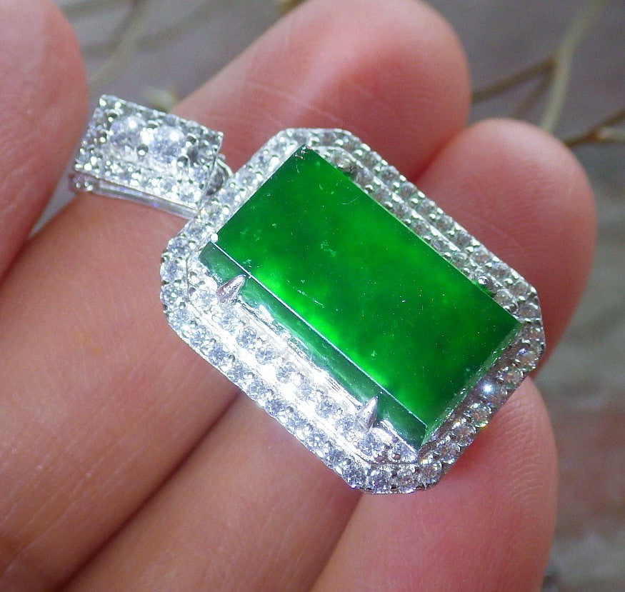 Icy Green Silver 925 Certified BURMA 100% Natural A JADE Jadeite pendant Rectangle Necklace 650936 TN
