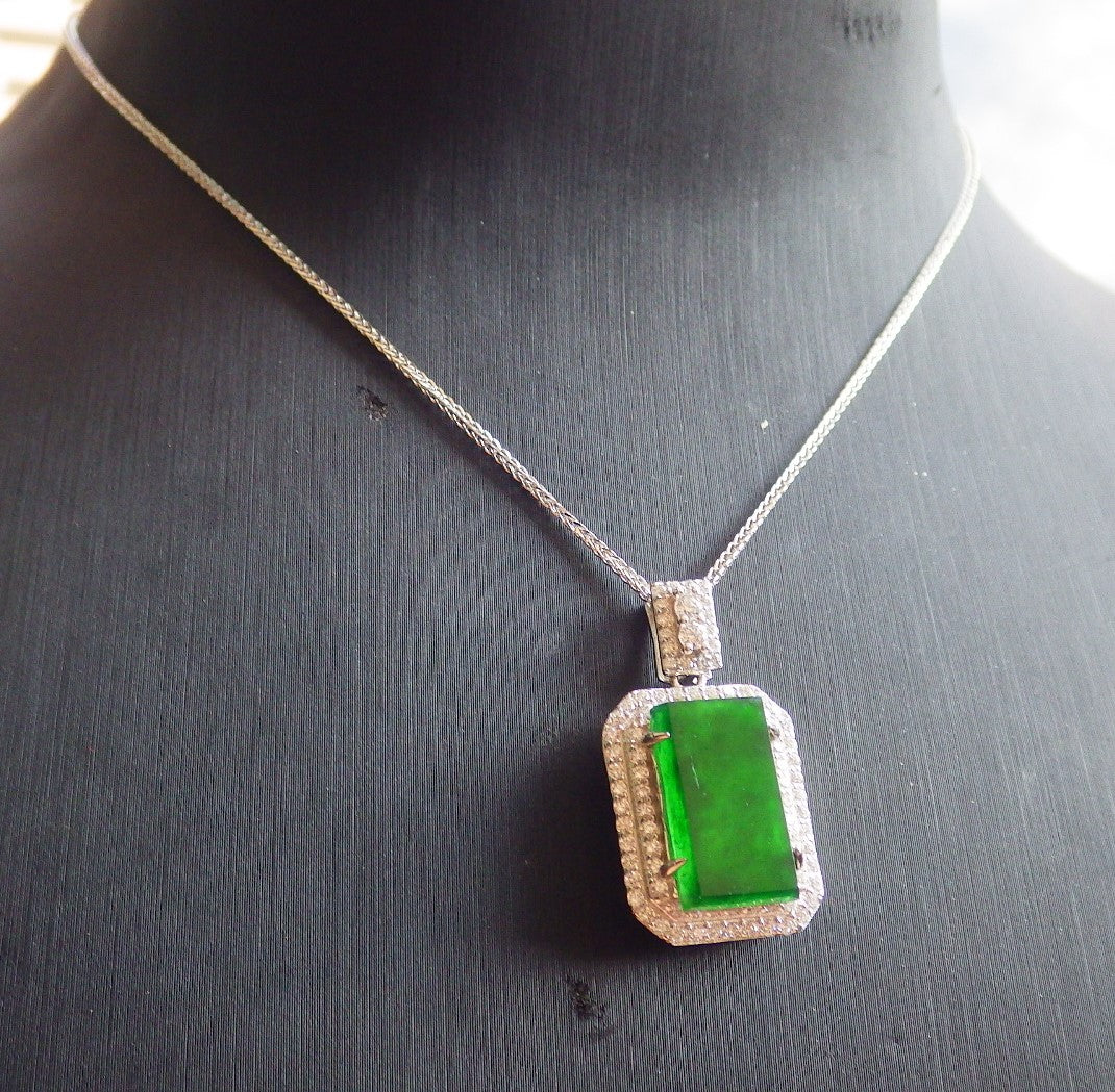 Icy Green Silver 925 Certified BURMA 100% Natural A JADE Jadeite pendant Rectangle Necklace 650936 TN