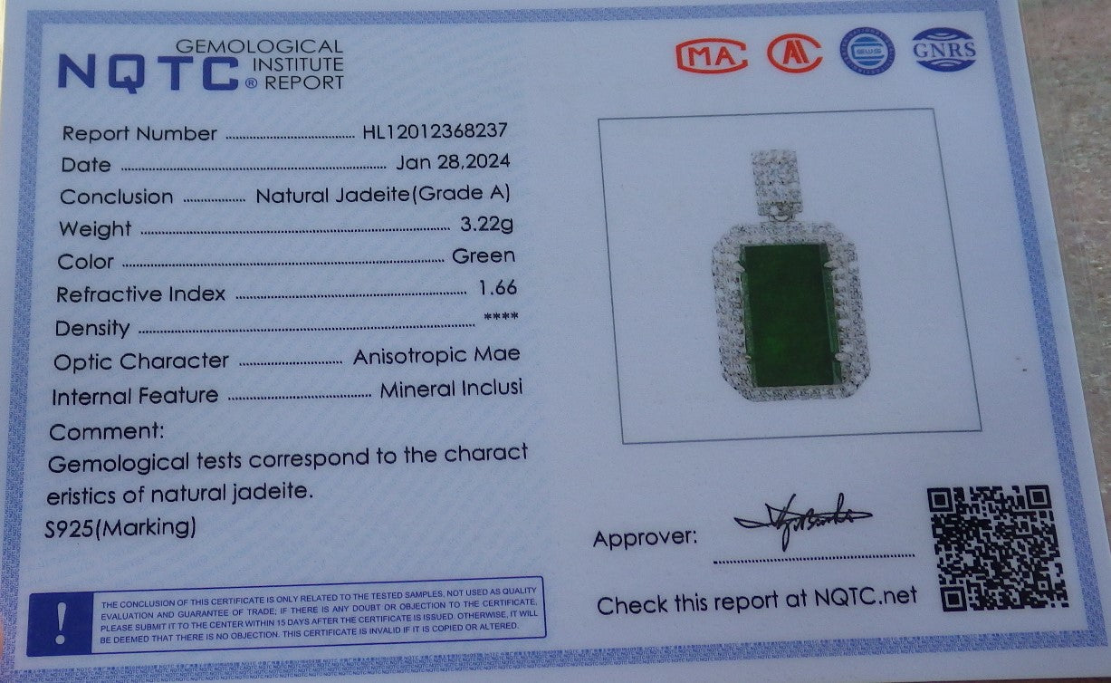 Icy Green Silver 925 Certified BURMA 100% Natural A JADE Jadeite pendant Rectangle Necklace 650936 TN