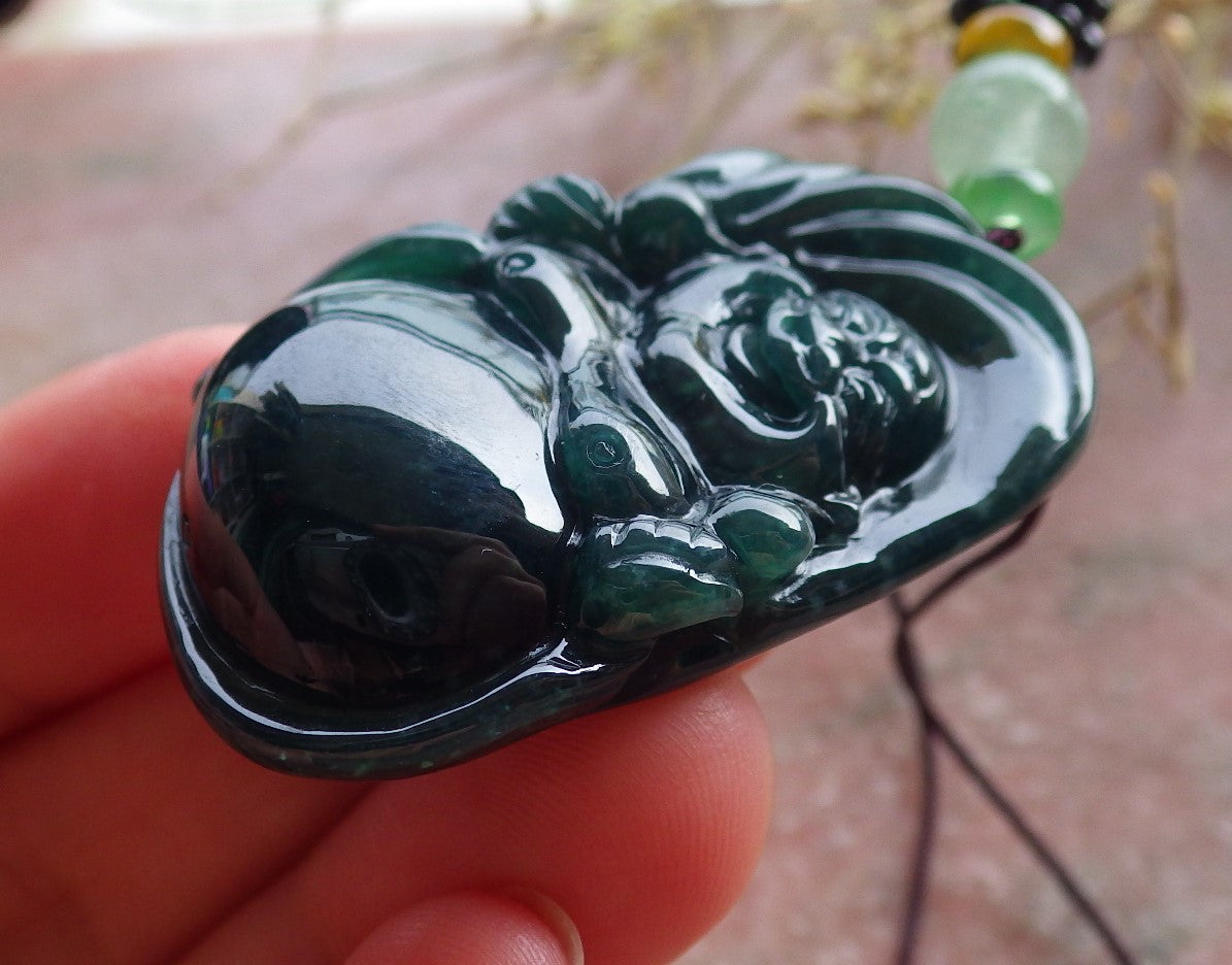 Certified Green Burma 100% Natural A Jade jadeite pendant Happy Buddha God Necklace 开心佛 650988 TN