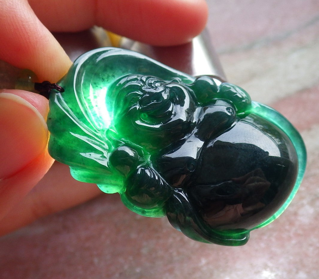 Certified Green Burma 100% Natural A Jade jadeite pendant Happy Buddha God Necklace 开心佛 650988 TN