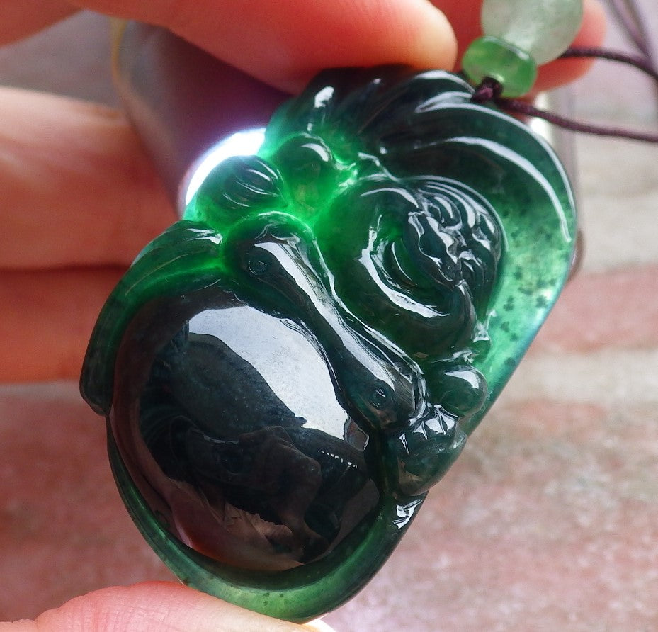 Certified Green Burma 100% Natural A Jade jadeite pendant Happy Buddha God Necklace 开心佛 650988 TN