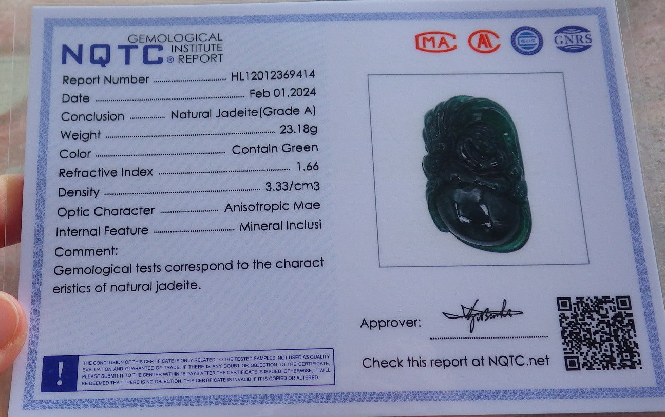 Certified Green Burma 100% Natural A Jade jadeite pendant Happy Buddha God Necklace 开心佛 650988 TN