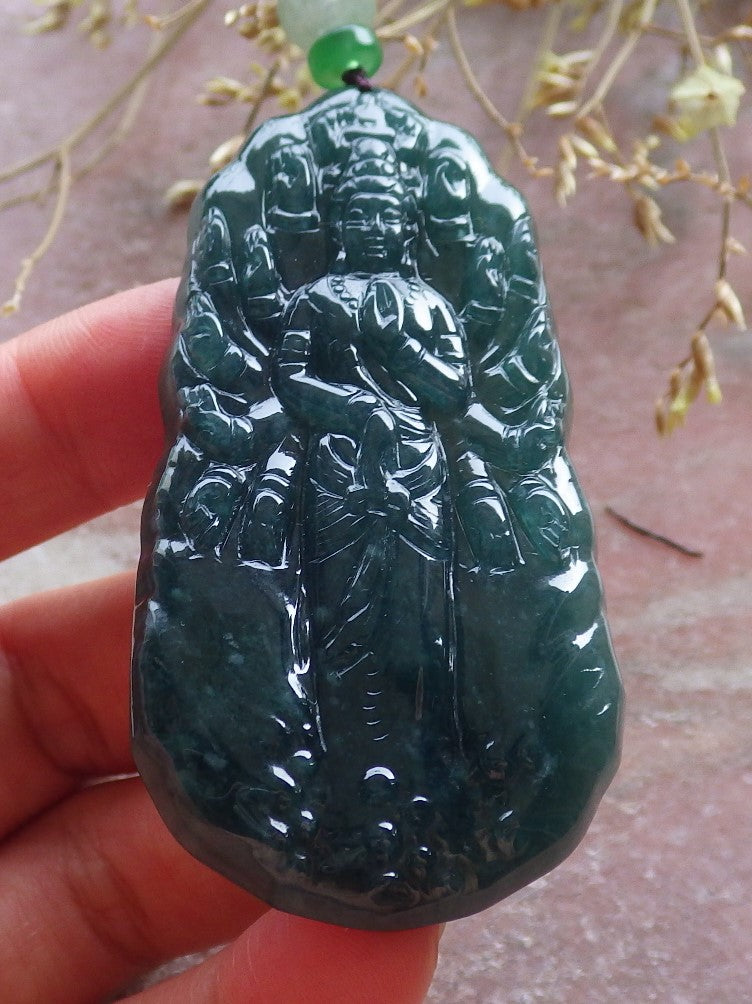 Certified Icy Green Burma 100% Natural A Jade jadeite Pendant 1000 Hand Guanyin Kwan Yin Necklace 观音 650998 TN