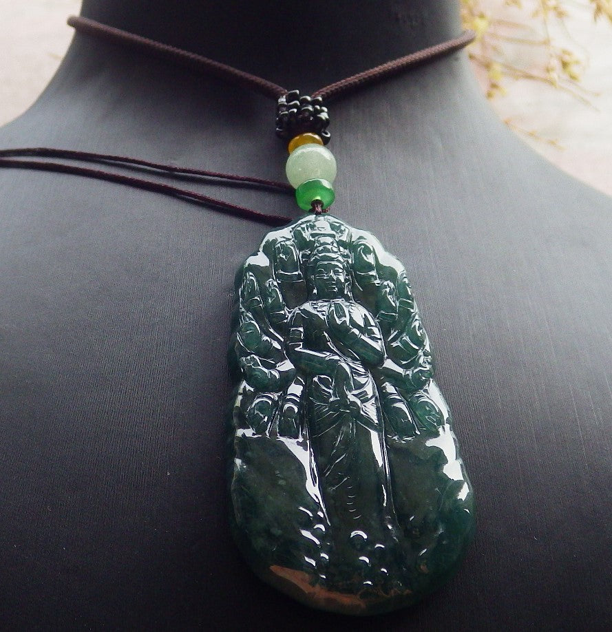 Certified Icy Green Burma 100% Natural A Jade jadeite Pendant 1000 Hand Guanyin Kwan Yin Necklace 观音 650998 TN