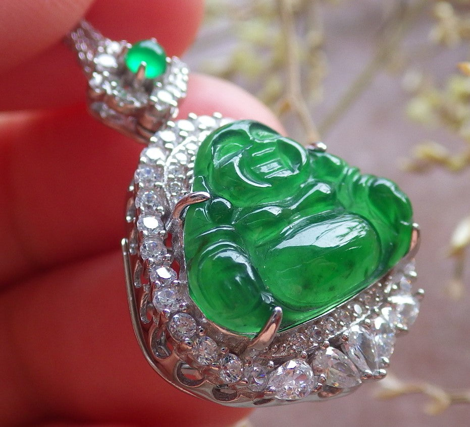 Icy Green Silver 925 Certified Burma 100% Natural A JADE Jadeite pendant Happy Buddha God Necklace 佛公 651008 TN