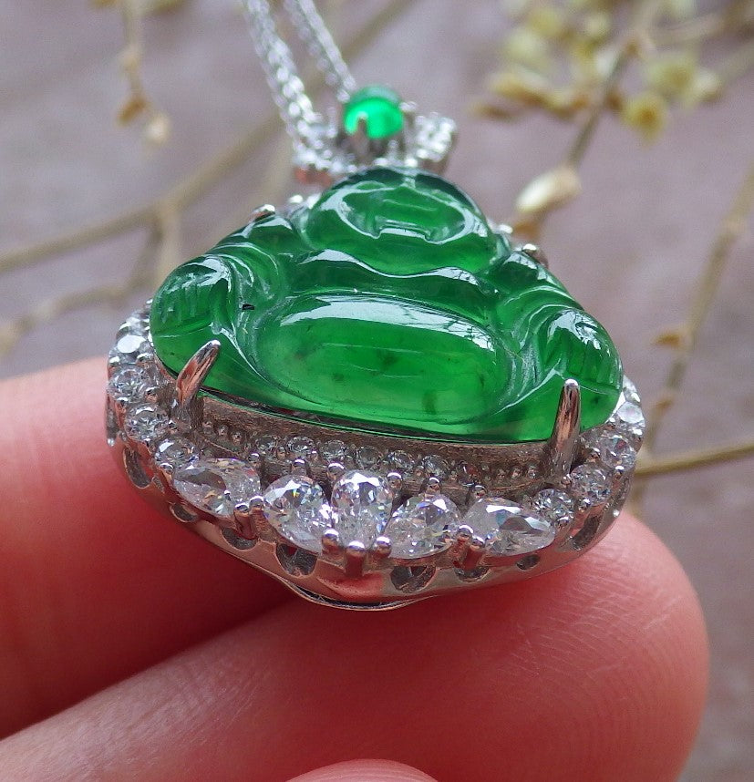 Icy Green Silver 925 Certified Burma 100% Natural A JADE Jadeite pendant Happy Buddha God Necklace 佛公 651008 TN