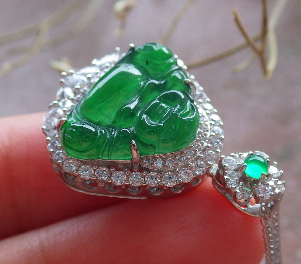 Icy Green Silver 925 Certified Burma 100% Natural A JADE Jadeite pendant Happy Buddha God Necklace 佛公 651008 TN