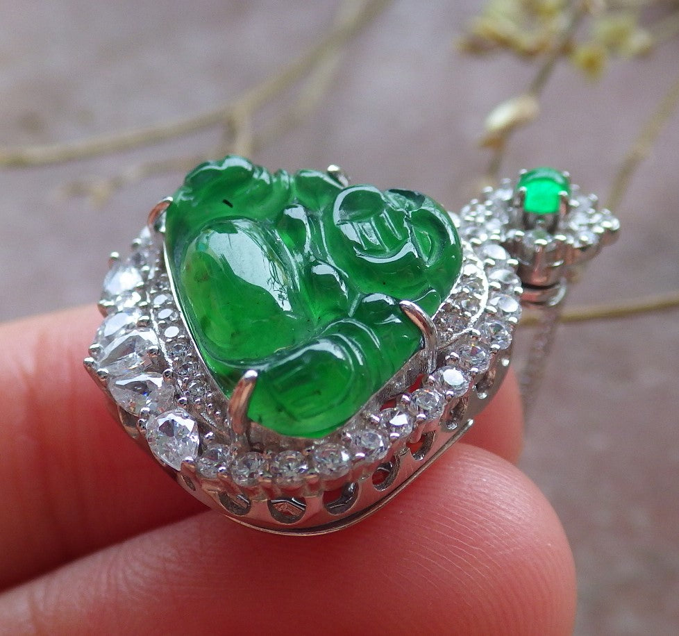 Icy Green Silver 925 Certified Burma 100% Natural A JADE Jadeite pendant Happy Buddha God Necklace 佛公 651008 TN