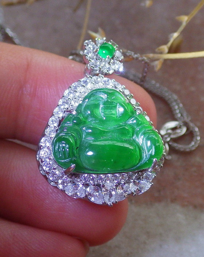 Icy Green Silver 925 Certified Burma 100% Natural A JADE Jadeite pendant Happy Buddha God Necklace 佛公 651008 TN