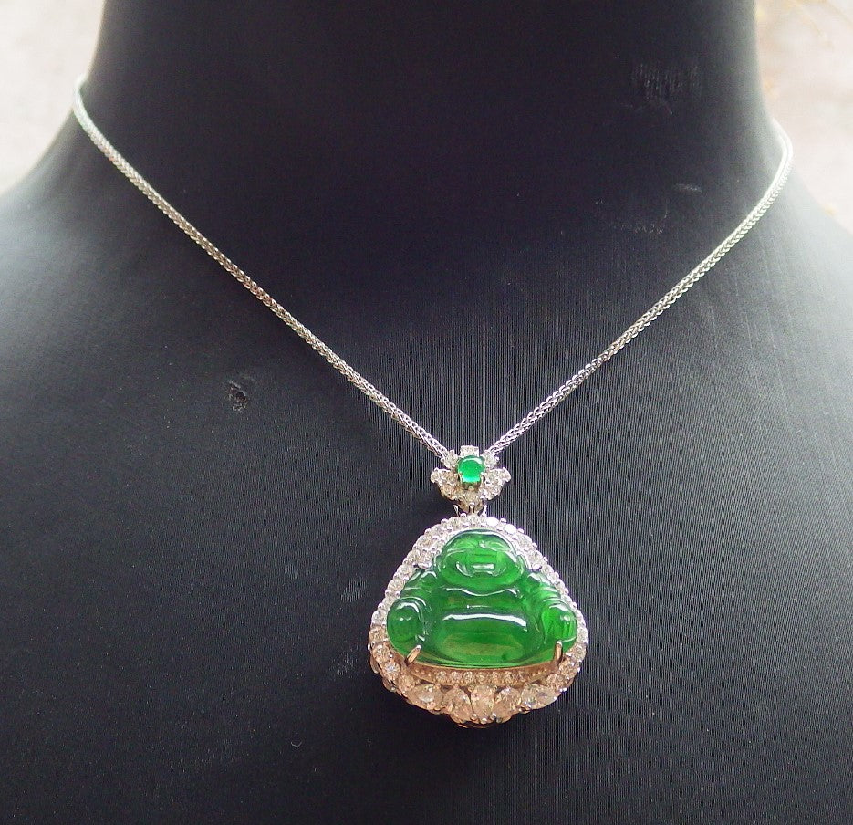 Icy Green Silver 925 Certified Burma 100% Natural A JADE Jadeite pendant Happy Buddha God Necklace 佛公 651008 TN