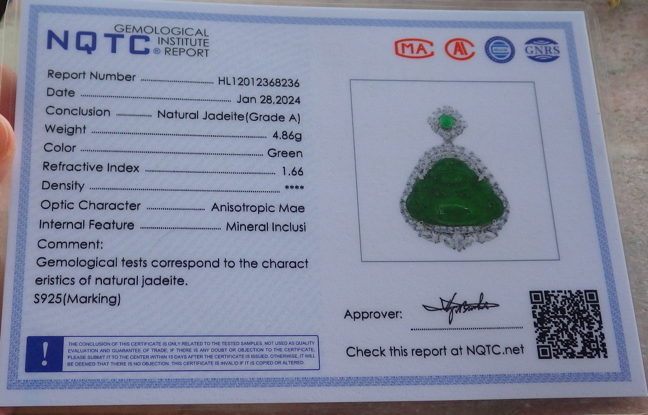 Icy Green Silver 925 Certified Burma 100% Natural A JADE Jadeite pendant Happy Buddha God Necklace 佛公 651008 TN