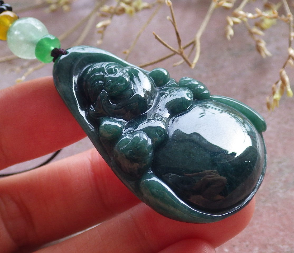 Certified Green Burma 100% Natural A Jade jadeite pendant Happy Buddha God Necklace 开心佛 651018 TN