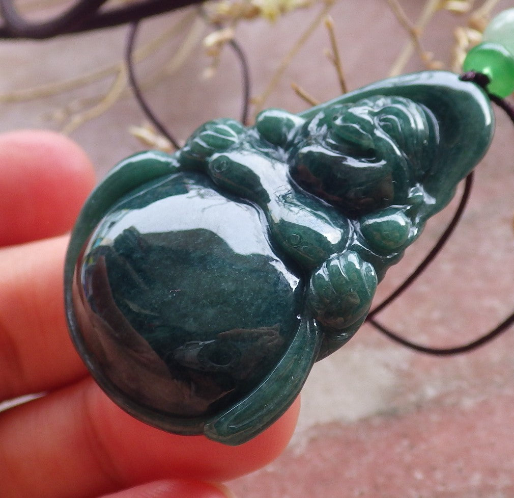 Certified Green Burma 100% Natural A Jade jadeite pendant Happy Buddha God Necklace 开心佛 651018 TN