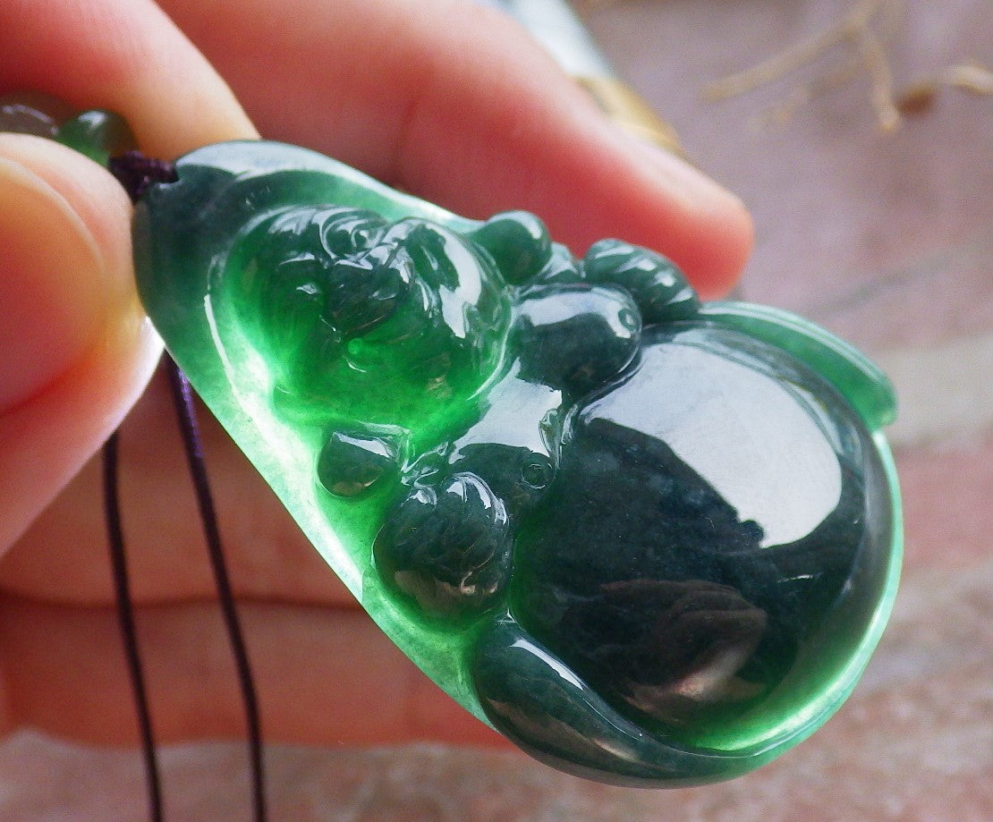 Certified Green Burma 100% Natural A Jade jadeite pendant Happy Buddha God Necklace 开心佛 651018 TN