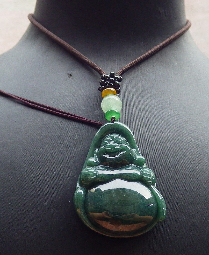 Certified Green Burma 100% Natural A Jade jadeite pendant Happy Buddha God Necklace 开心佛 651018 TN