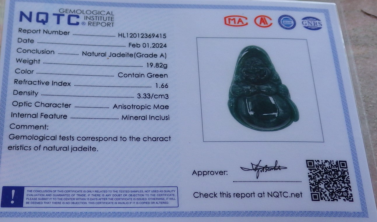 Certified Green Burma 100% Natural A Jade jadeite pendant Happy Buddha God Necklace 开心佛 651018 TN