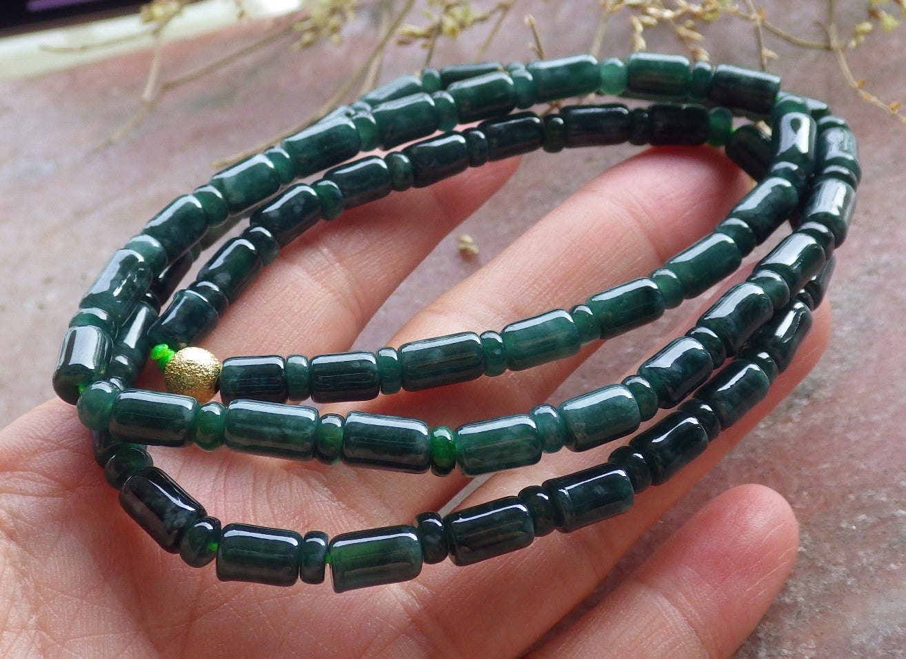 Certified Green Burma 100% Natural A JADE Jadeite bead Beads Circle Bamboo Necklace 24 inches 项链 651038 TN