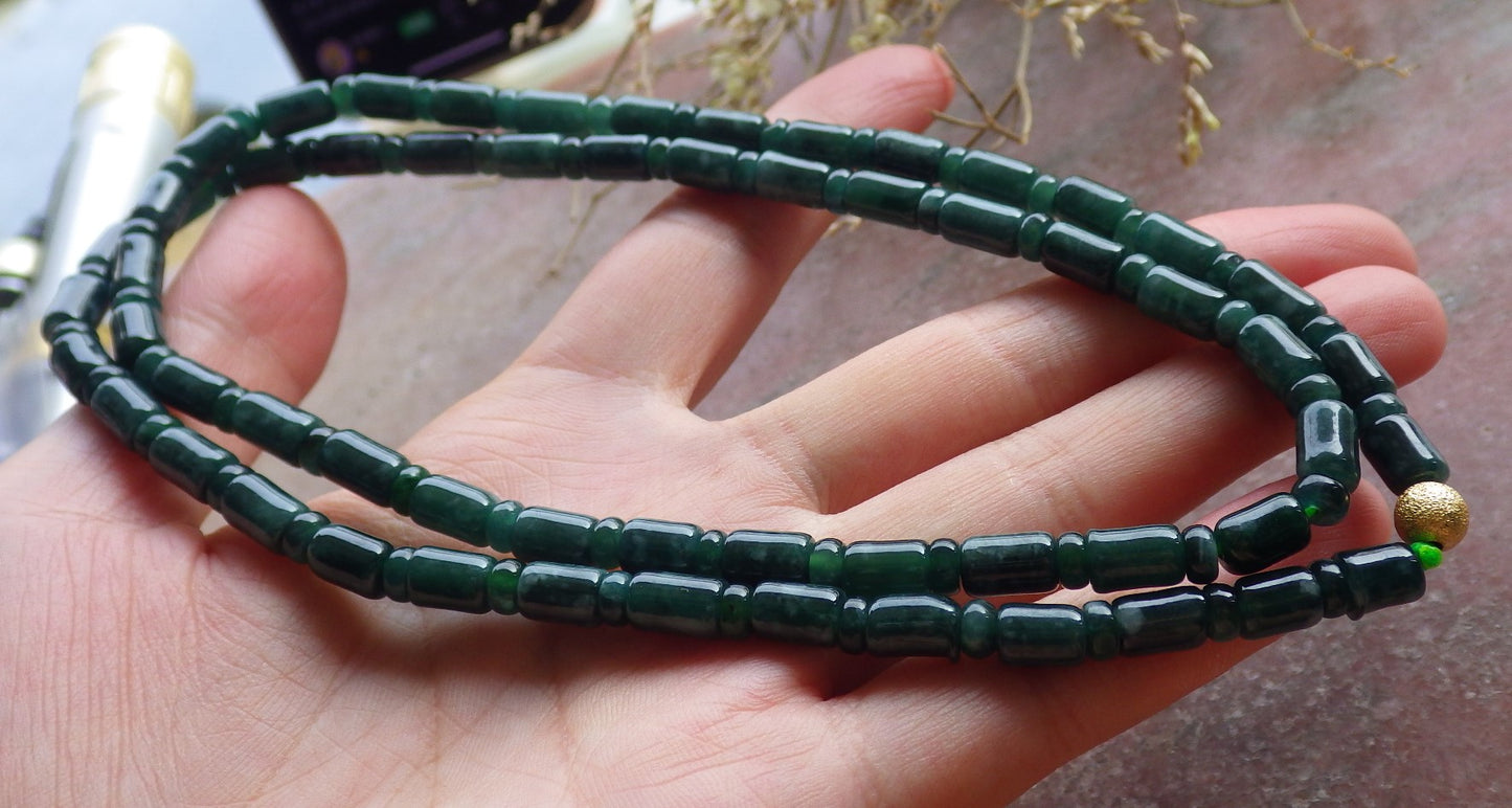 Certified Green Burma 100% Natural A JADE Jadeite bead Beads Circle Bamboo Necklace 24 inches 项链 651038 TN