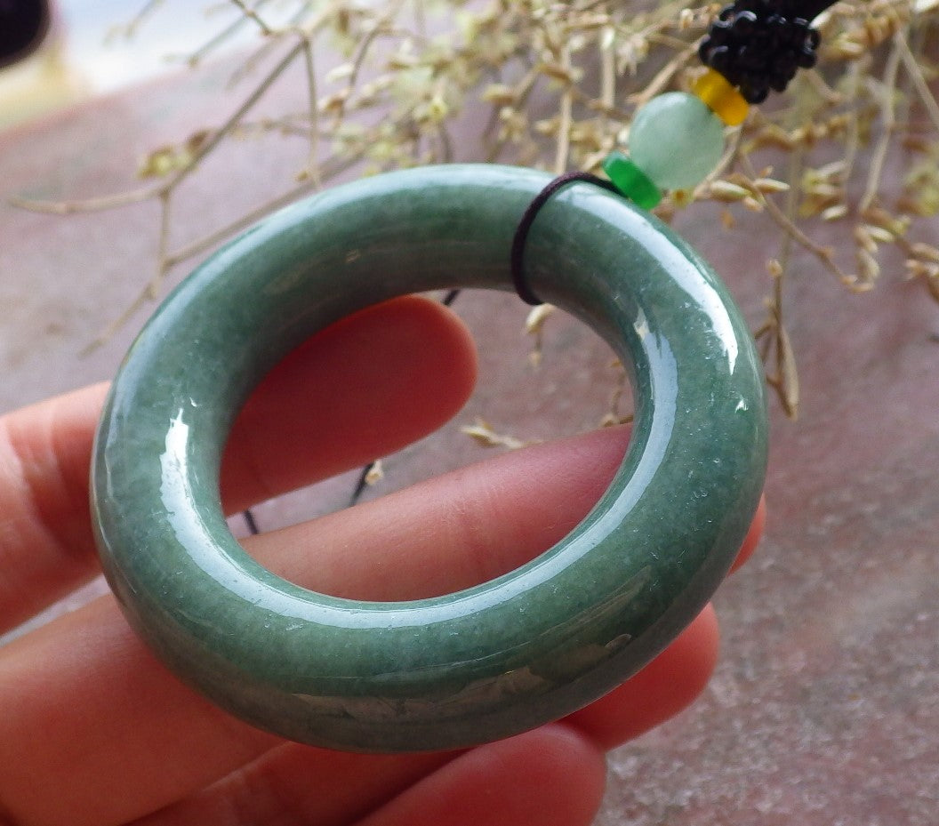 Certified Green Burma 100% Natural A Jade jadeite Pendant Circle Necklace 平安扣 651066 TN