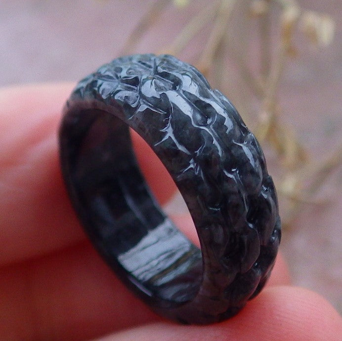 Certified Black Burma 100% Natural A JADE Jadeite Dragon RING USA. 5.5 龙戒指 651160 TN
