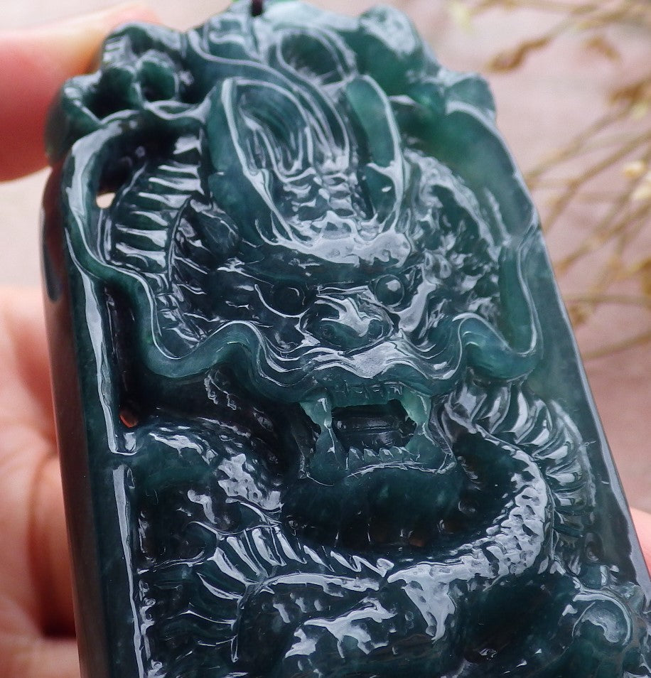 Certified Icy Green Burma 100% Natural A Jade jadeite Pendant Dragon Money Coin Necklace 生意兴隆 651237 TN