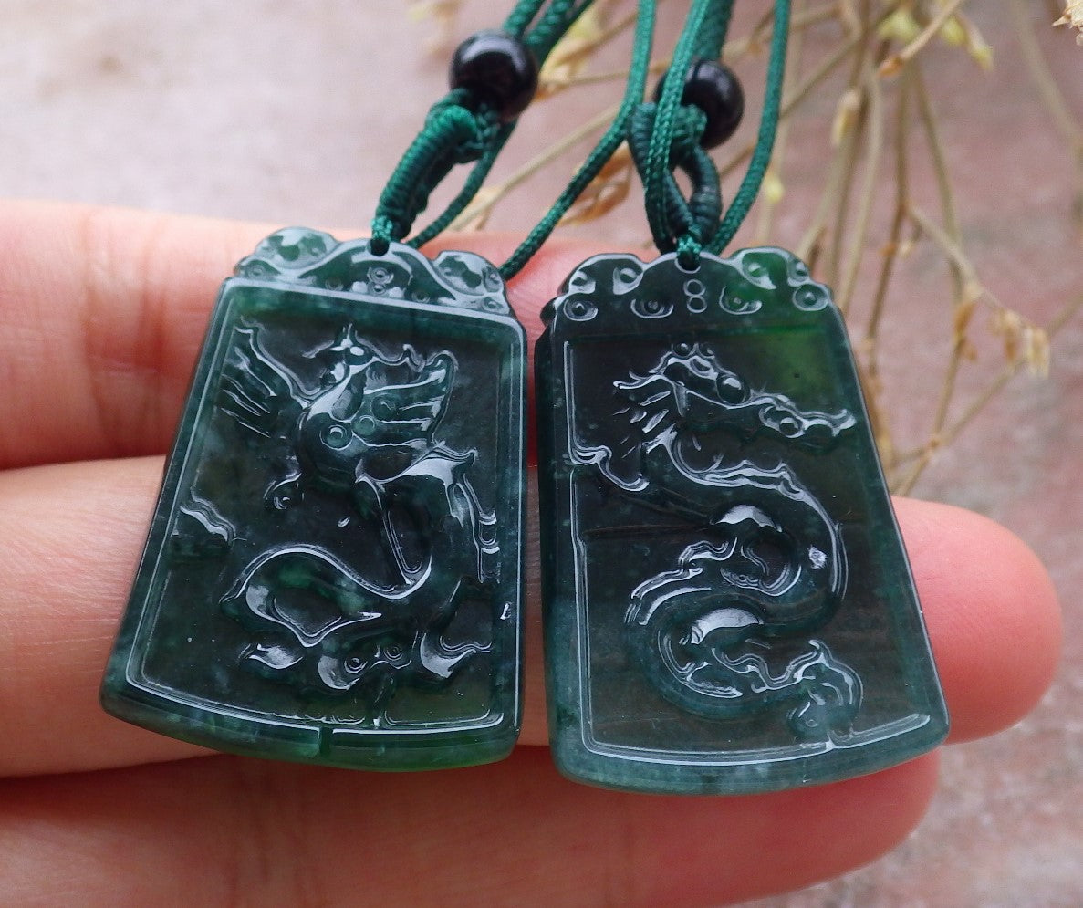 Pair Certified Icy Green Burma 100% Natural A Jade jadeite Pendant Dragon Phoenix Necklace 龙凤 651274 TN
