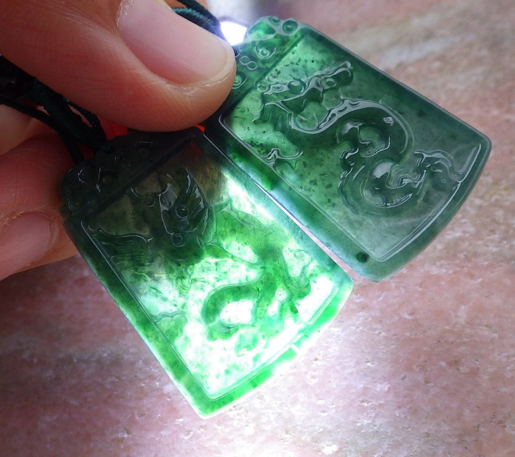 Pair Certified Icy Green Burma 100% Natural A Jade jadeite Pendant Dragon Phoenix Necklace 龙凤 651274 TN