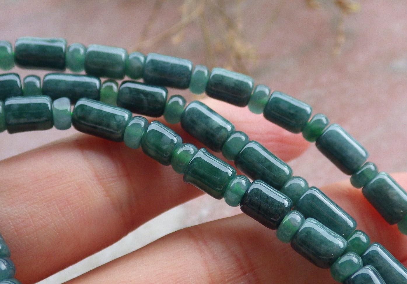 Certified Green Burma 100% Natural A JADE Jadeite bead Beads Circle Bamboo Necklace 24 inches 项链 651395 TN