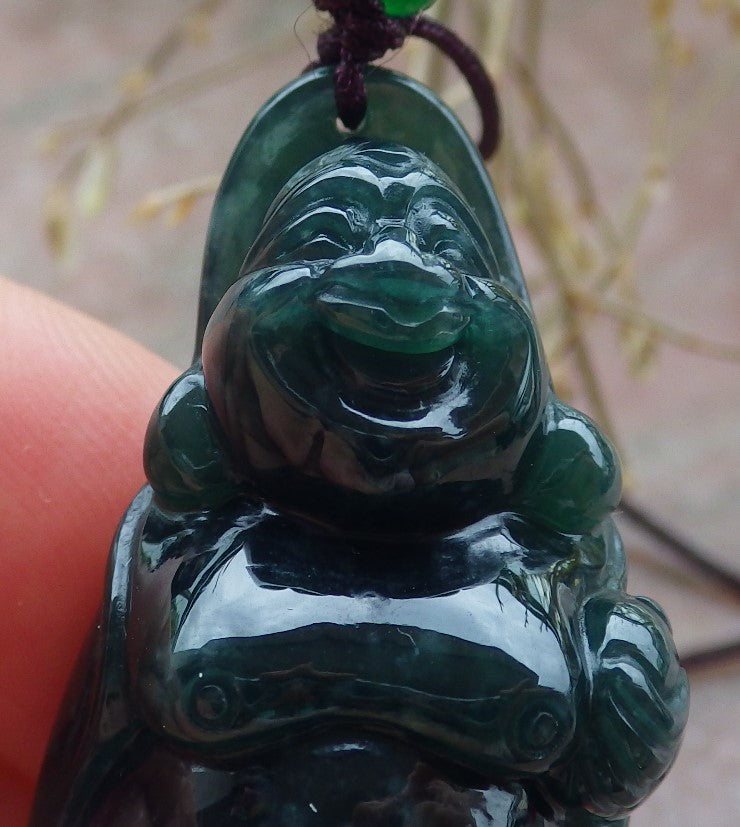 Certified Icy Green Burma 100% Natural A Jade jadeite pendant Happy Buddha God Necklace 开心佛 651414 TN