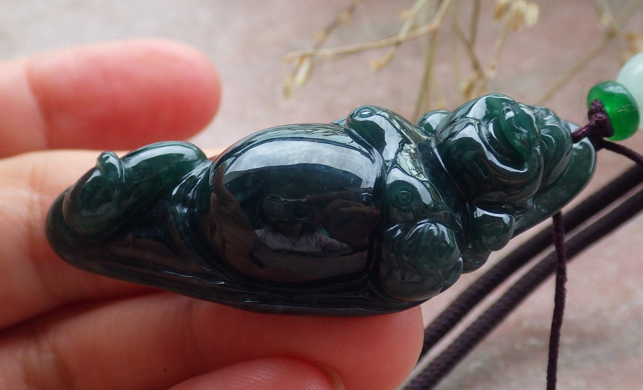 Certified Icy Green Burma 100% Natural A Jade jadeite pendant Happy Buddha God Necklace 开心佛 651414 TN
