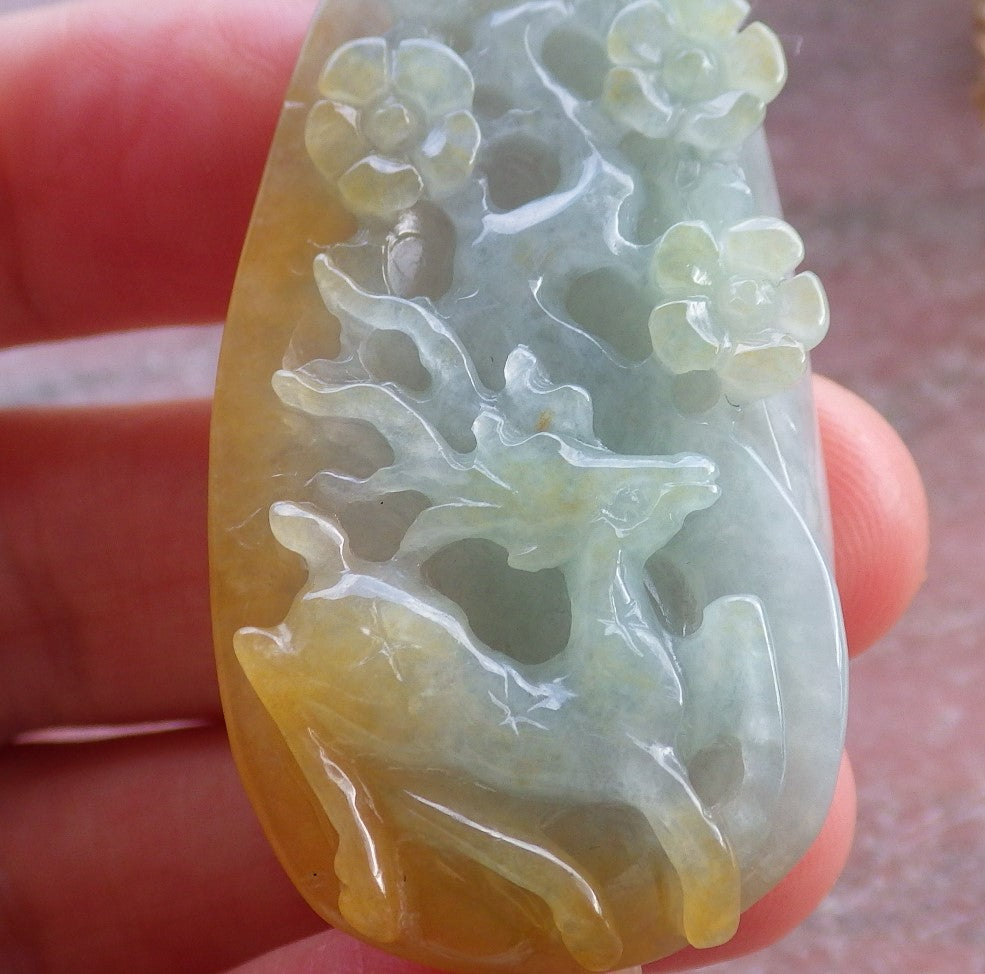 Certified Yellow Green Burma 100% Natural A Jade jadeite Pendant Deer Flower Necklace 梅花鹿 651616 TN