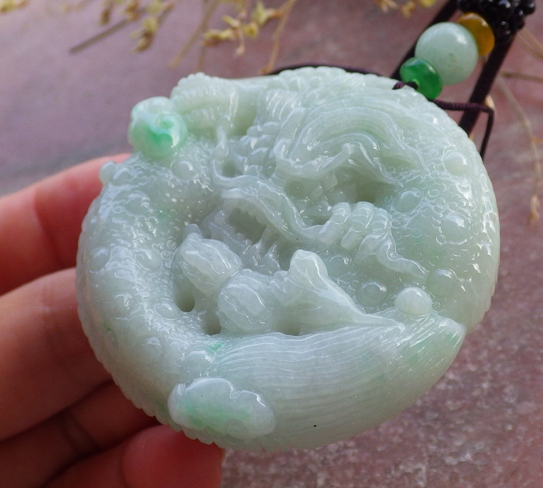Certified Green Burma 100% Natural A Jade jadeite Pendant Dragon Mouse Rat Peanut Ruyi Necklace 望子成龙 651624 TN