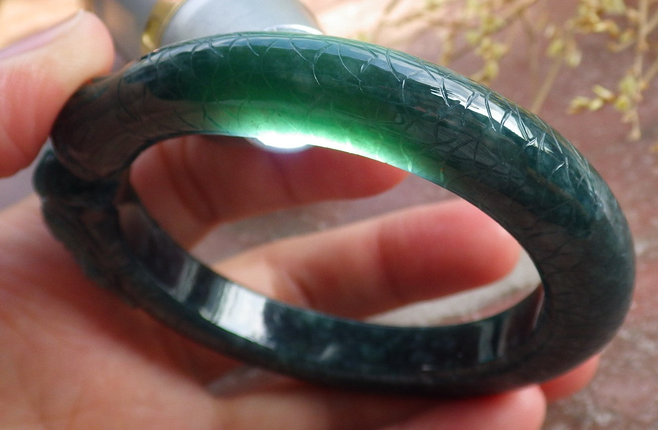 Certified Icy Green Burma 100% Natural A JADE Jadeite Dragon Bangle Bracelet 56 mm 手镯 651644 TN
