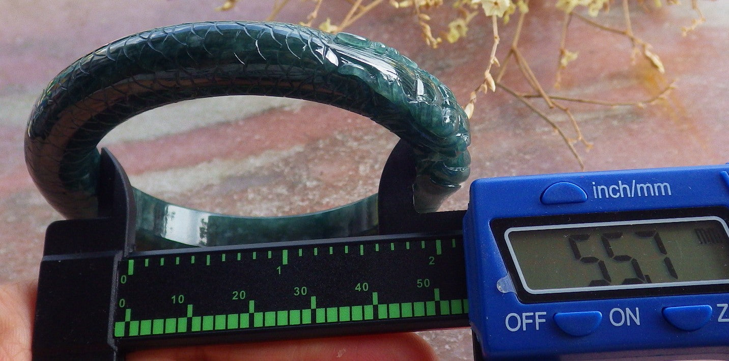 Certified Icy Green Burma 100% Natural A JADE Jadeite Dragon Bangle Bracelet 56 mm 手镯 651644 TN