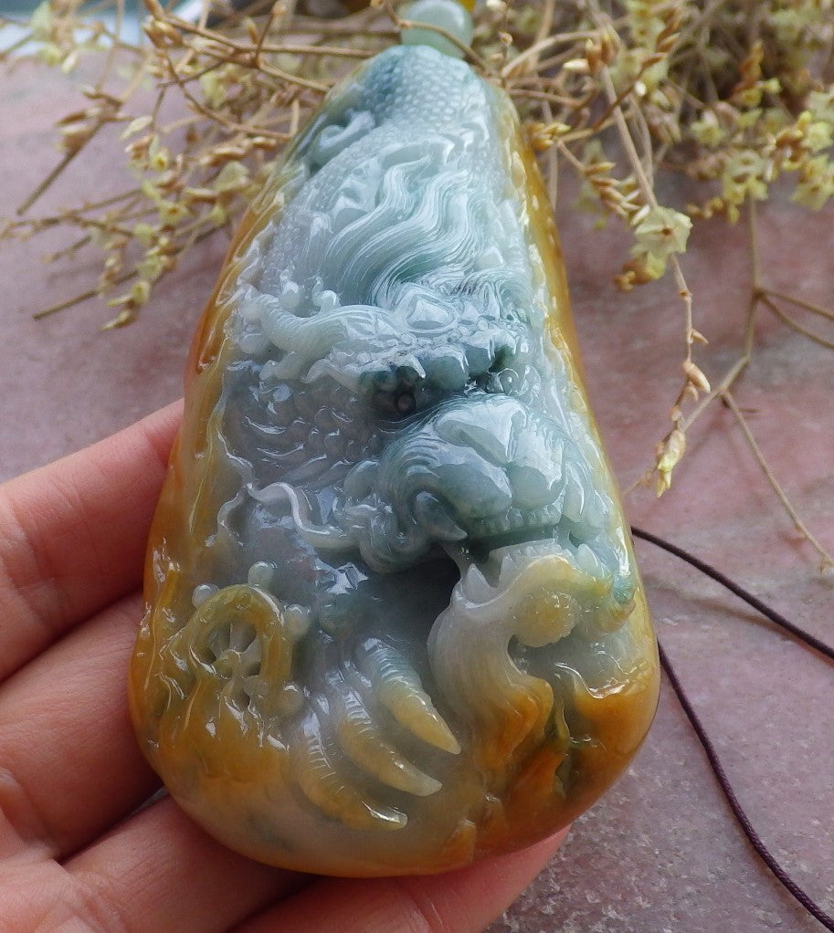 Certified Yellow Green Burma 100% Natural A Jade jadeite Pendant Dragon Necklace 生意兴隆 651696 TN