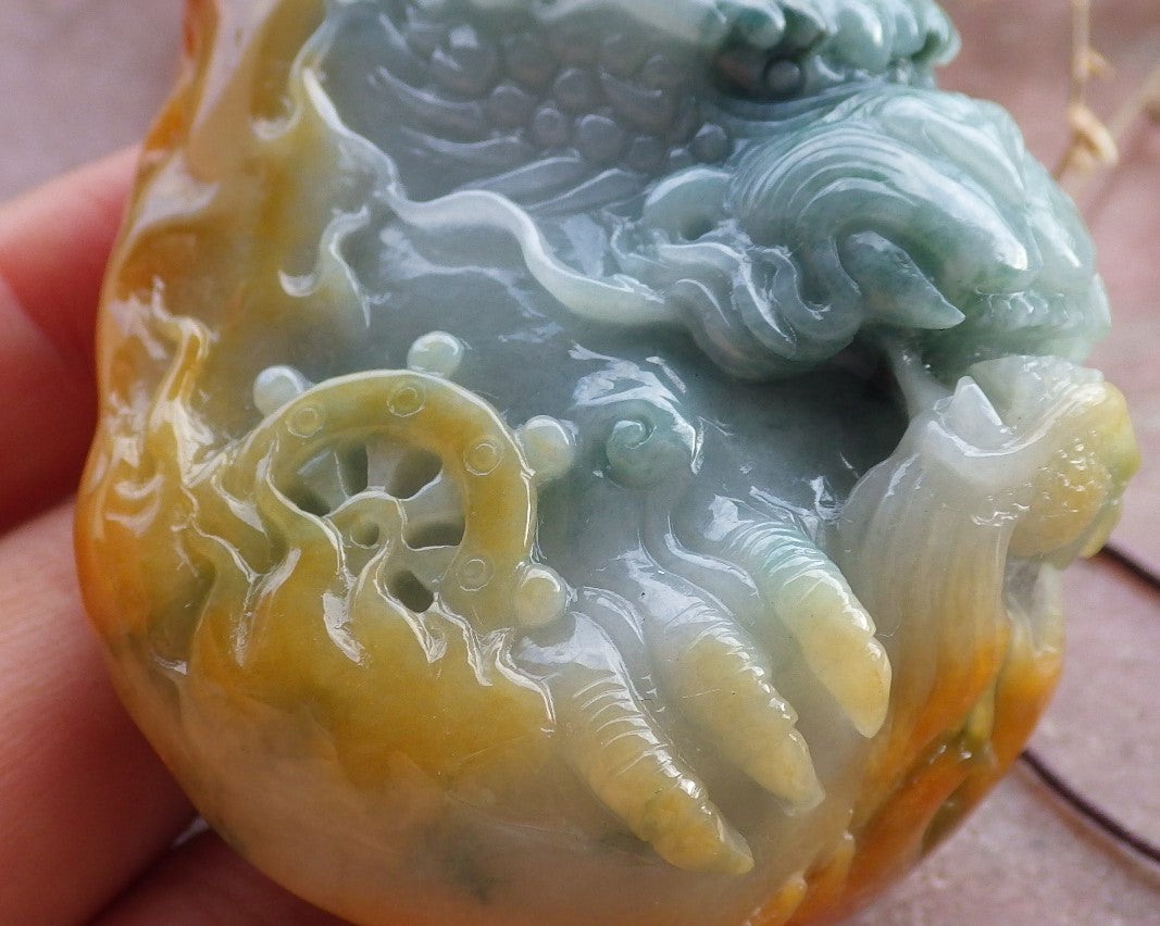 Certified Yellow Green Burma 100% Natural A Jade jadeite Pendant Dragon Necklace 生意兴隆 651696 TN