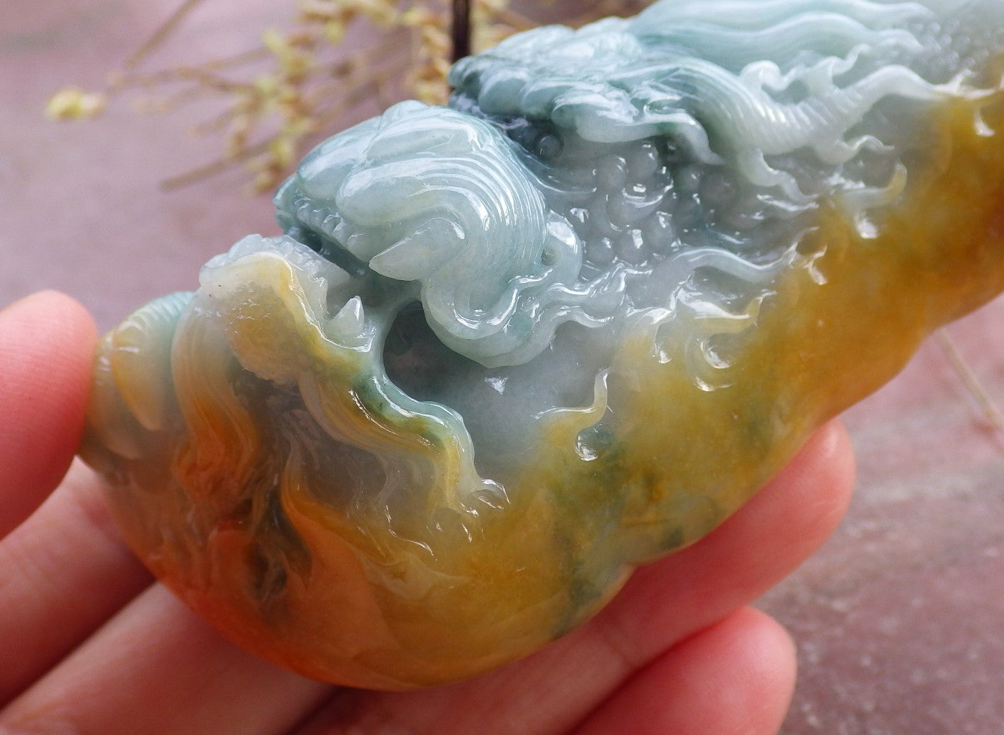 Certified Yellow Green Burma 100% Natural A Jade jadeite Pendant Dragon Necklace 生意兴隆 651696 TN