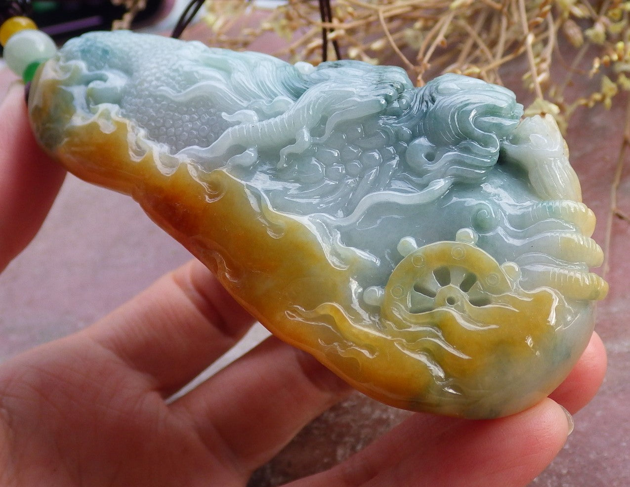 Certified Yellow Green Burma 100% Natural A Jade jadeite Pendant Dragon Necklace 生意兴隆 651696 TN