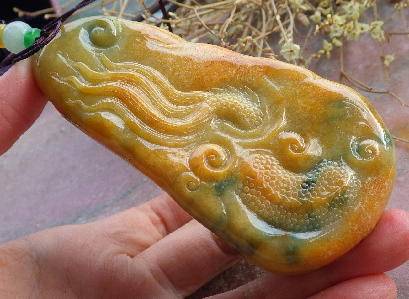 Certified Yellow Green Burma 100% Natural A Jade jadeite Pendant Dragon Necklace 生意兴隆 651696 TN