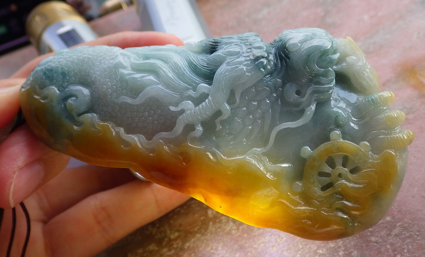 Certified Yellow Green Burma 100% Natural A Jade jadeite Pendant Dragon Necklace 生意兴隆 651696 TN
