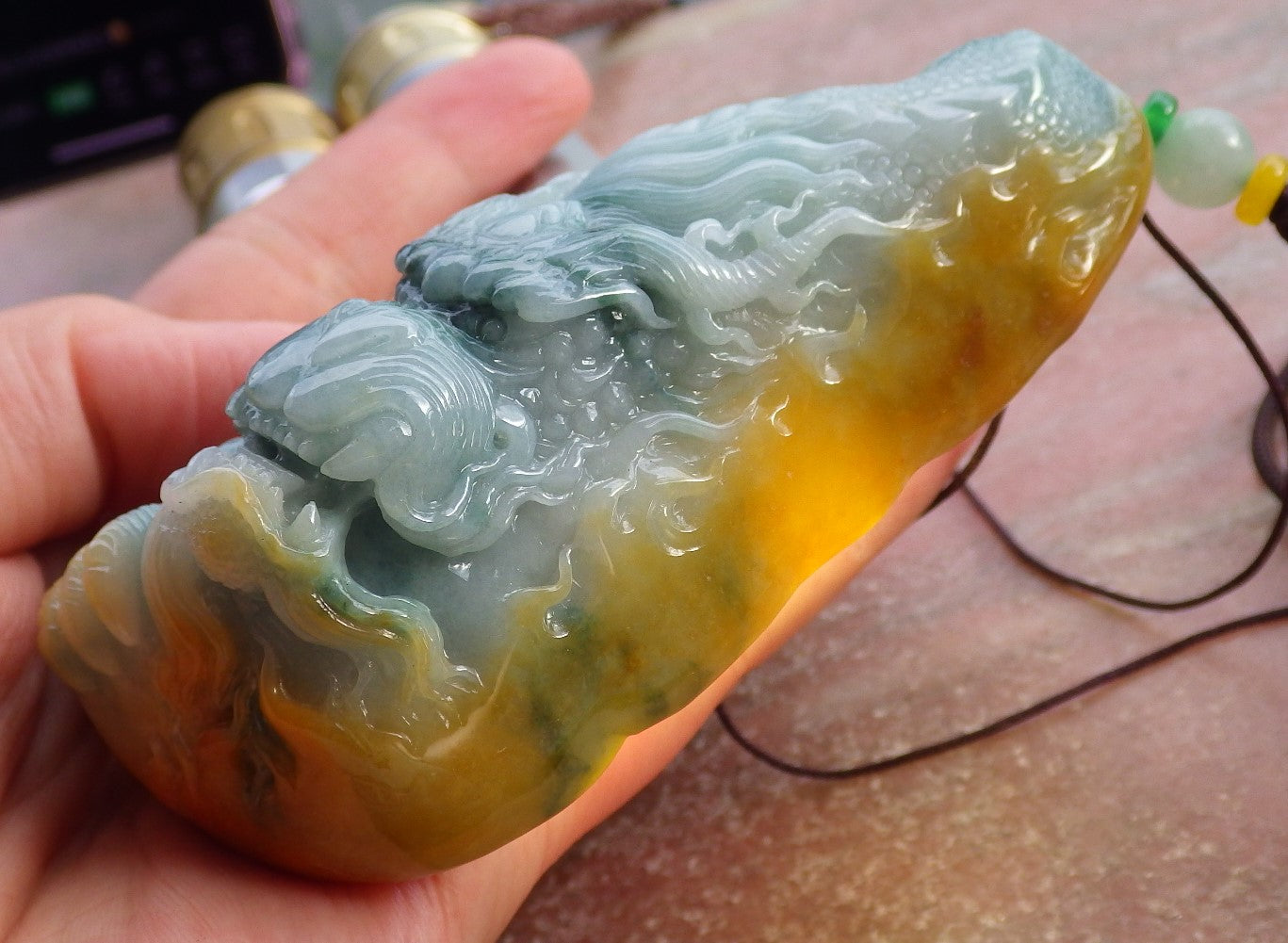 Certified Yellow Green Burma 100% Natural A Jade jadeite Pendant Dragon Necklace 生意兴隆 651696 TN