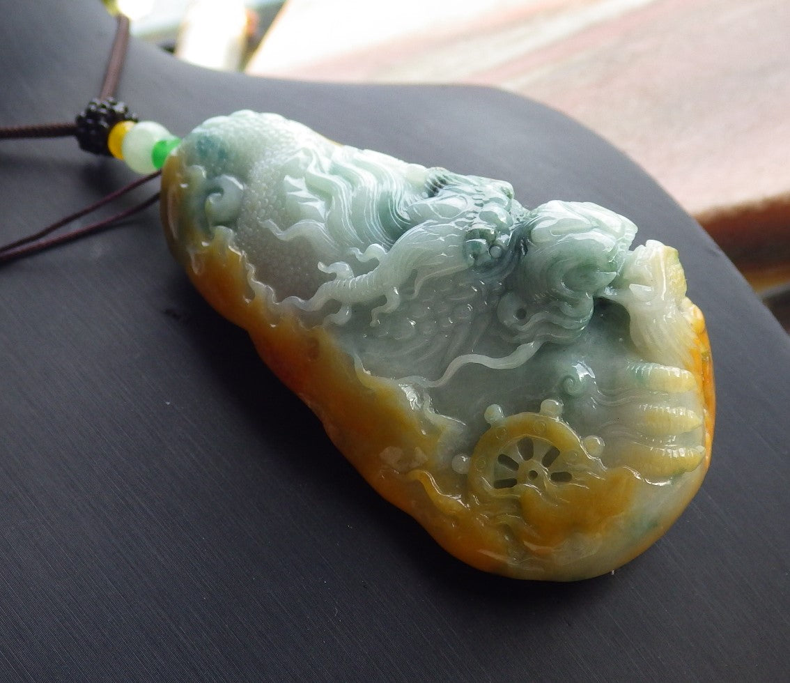 Certified Yellow Green Burma 100% Natural A Jade jadeite Pendant Dragon Necklace 生意兴隆 651696 TN