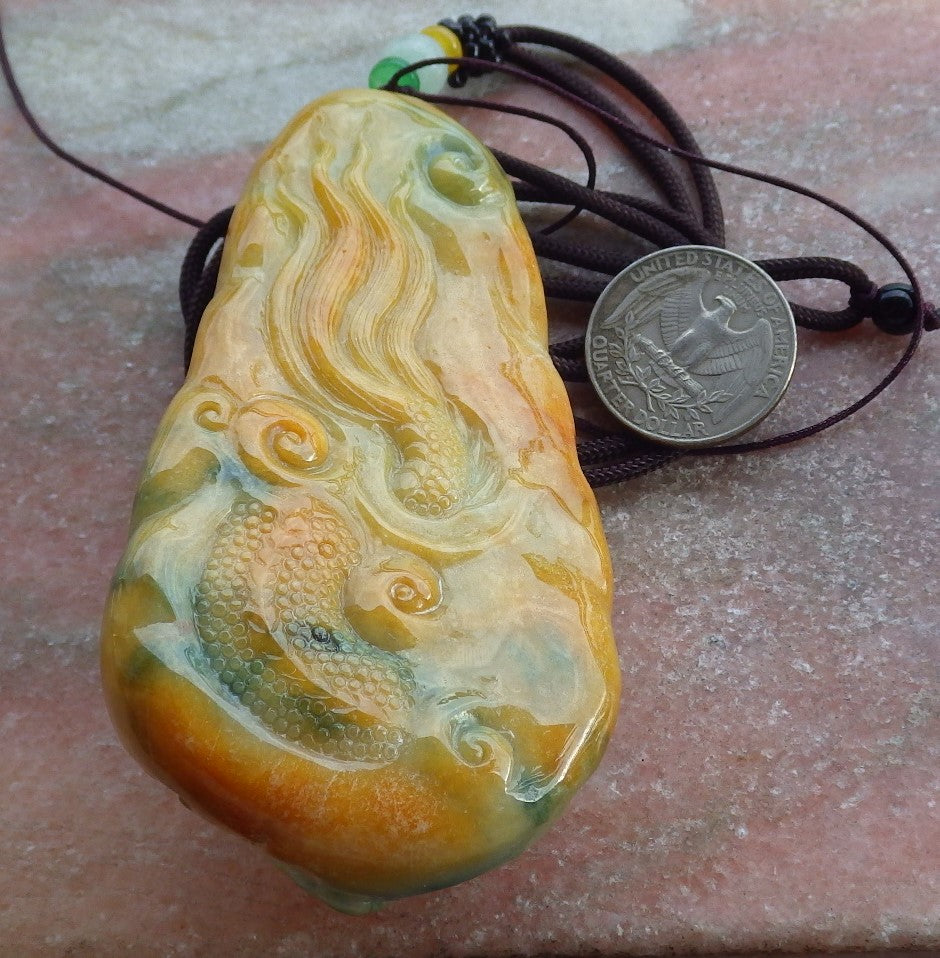 Certified Yellow Green Burma 100% Natural A Jade jadeite Pendant Dragon Necklace 生意兴隆 651696 TN
